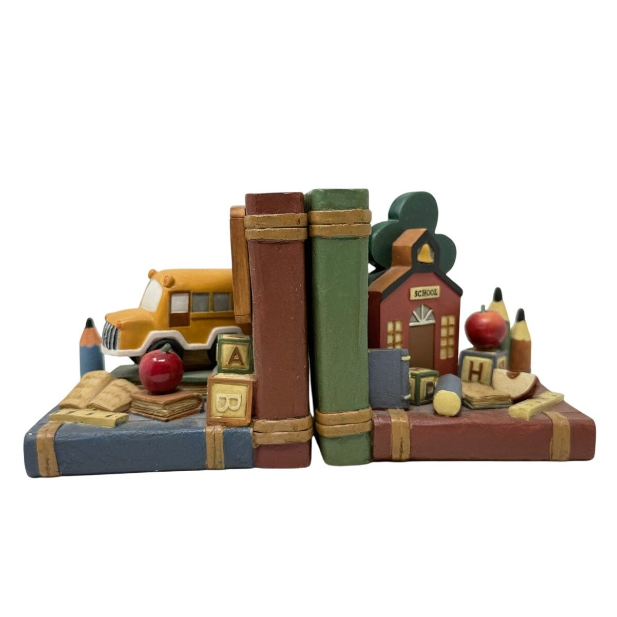 Artisan Flair School Classroom Resin Bookends School Bus Apple Pair