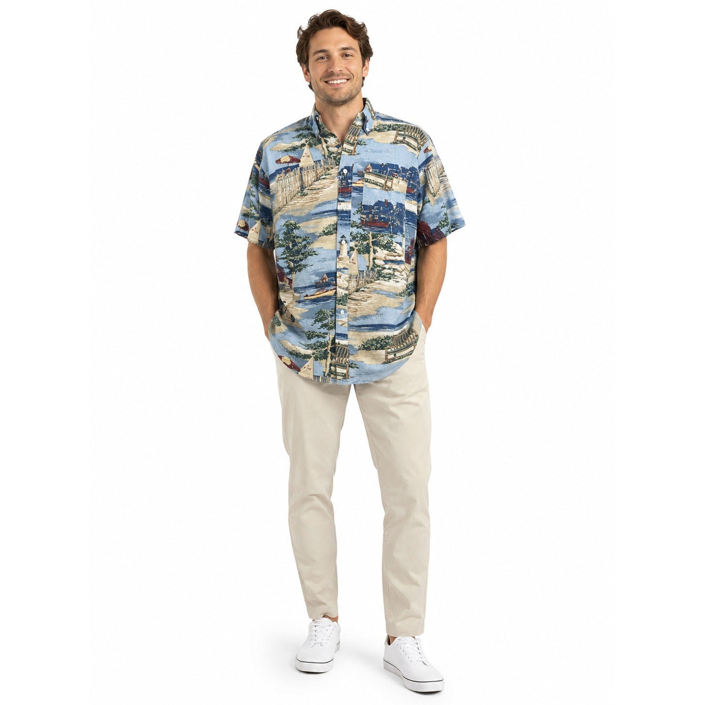 Vintage 90s Nautica Mens Coastal Print Linen Cotton Shirt Mens Medium