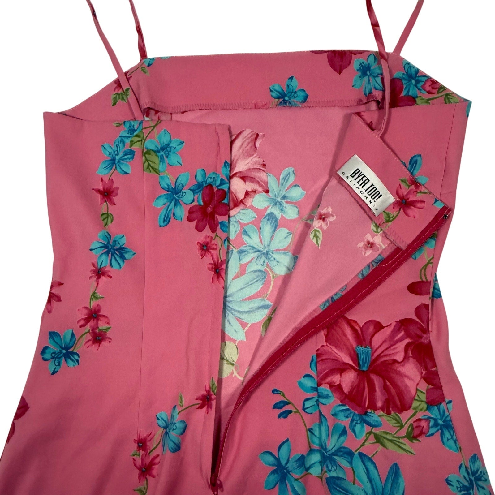 Vintage 90s Women's 9 Byer Too Pink Floral Slip Mini Dress Spaghetti Strap USA