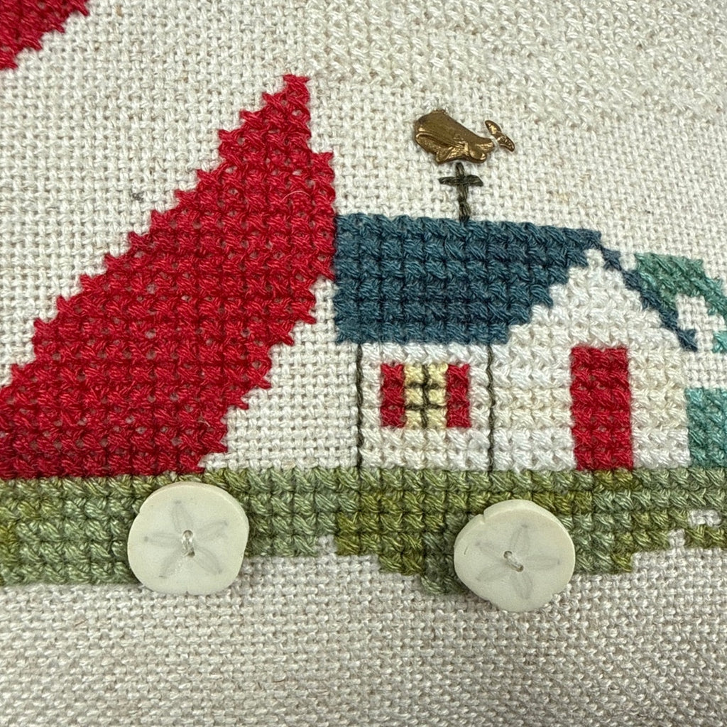 Vintage Patriotic Lighthouse Sailboat Stitched Throw Pillow 10.75”