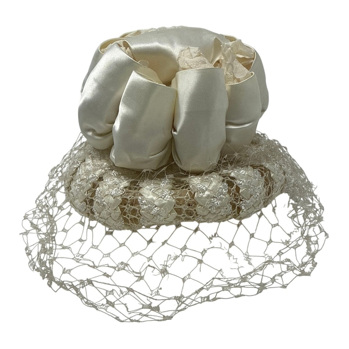 Vintage 1950s Modern Miss White Veiled Raffia Cocktail Hat Fascinator
