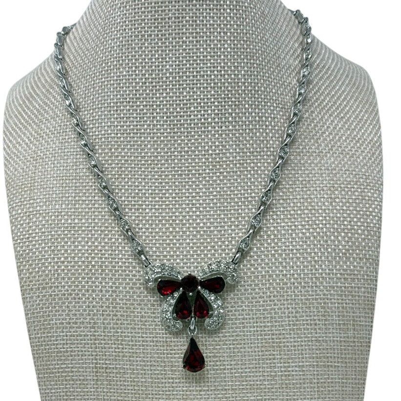 Vintage 40s Bogoff Ruby Red Rhinestone Bow Necklace Silver Tone 16”