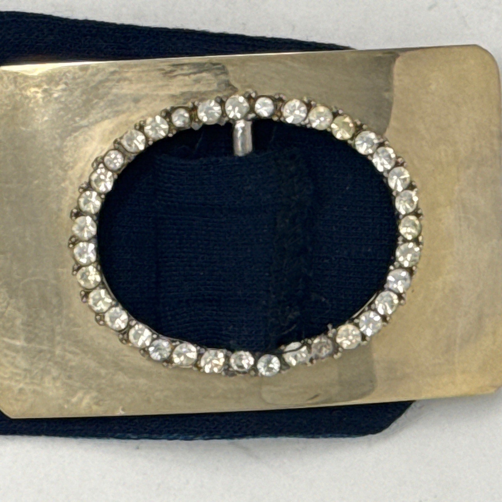 Vintage 80s Women's Medium Navy Fabric Belt Gold Rhinestone Buckle