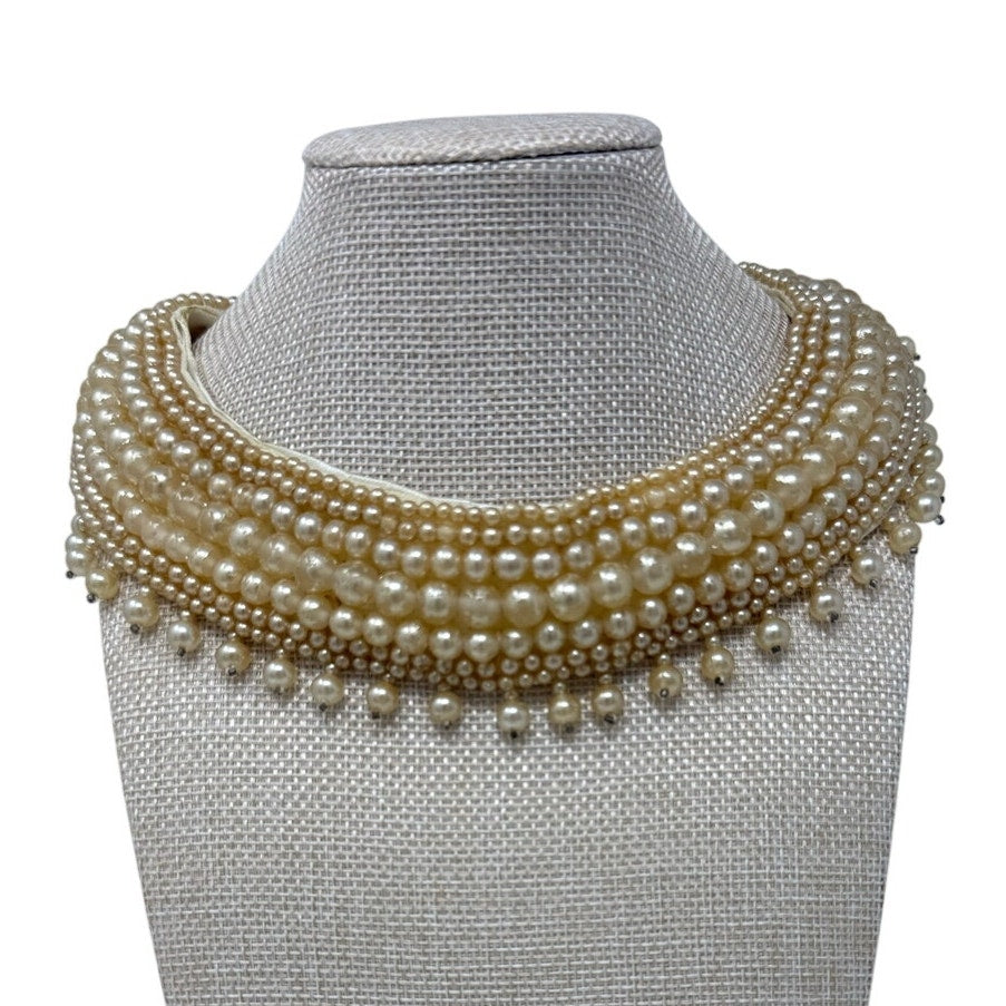 Vintage 40s Faux Pearl Beaded Collar Necklace Ivory Satin Bib 15.5”