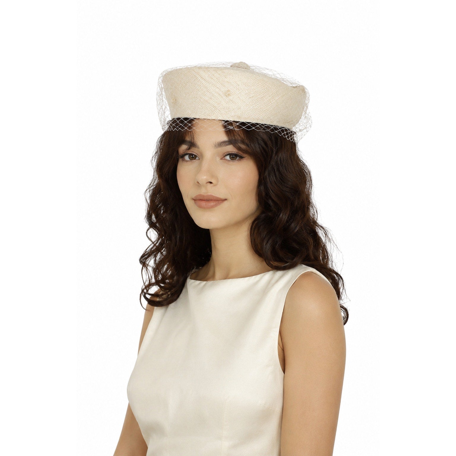 Vintage 1960s Clover Lane Ivory Pillbox Hat with Veil & Pink Bow