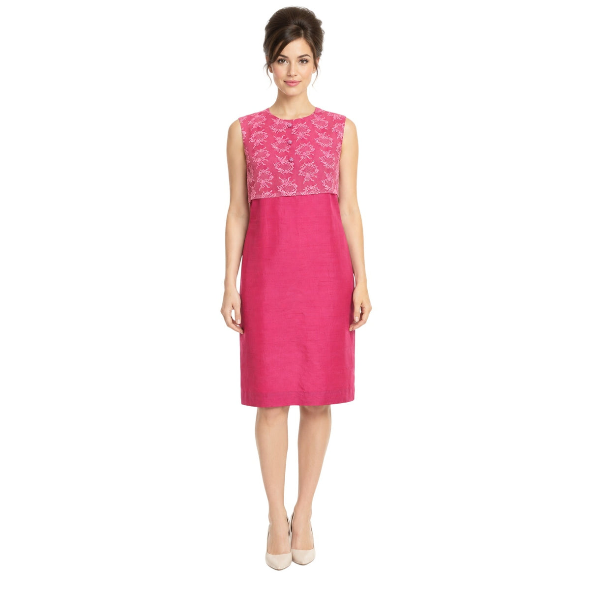 Vintage 1960s Pink Silk Lace Shift Dress Rhinestone Buttons Women's Small