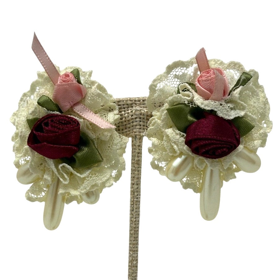Vintage 80s Sweet Victoria Lace Rose Statement Pierced Earrings