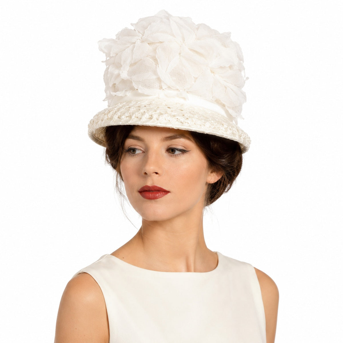 Vintage 50s White Chiffon Floral Brim Hat Union Label Formal