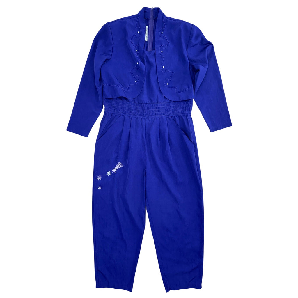 Vintage 80s JoAnn Walters Purple Rayon Jumpsuit Embroidered Pockets Women's Med