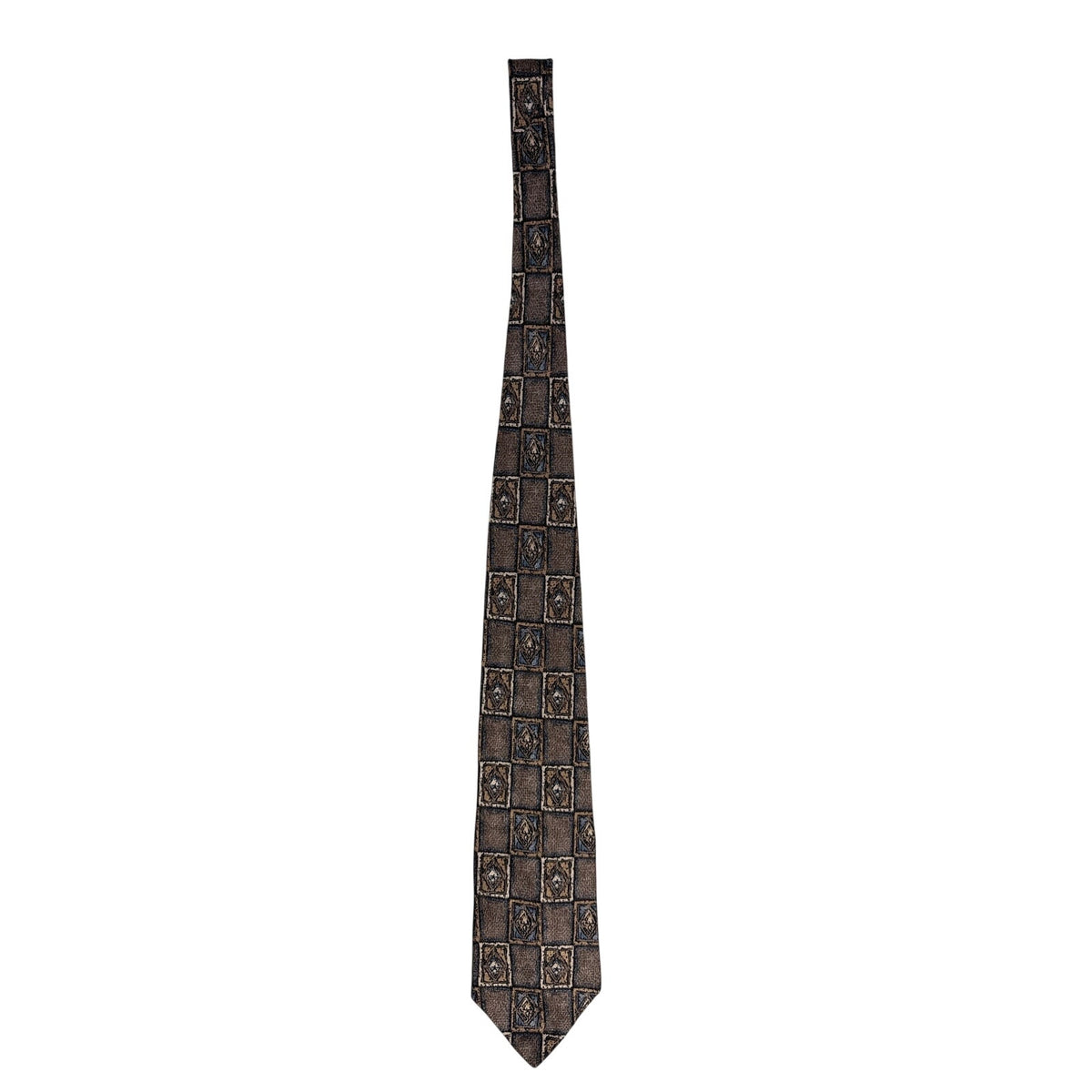 Vintage 90s Villa Bugatti Men's Silk Tie Brown Blue Geometric Check