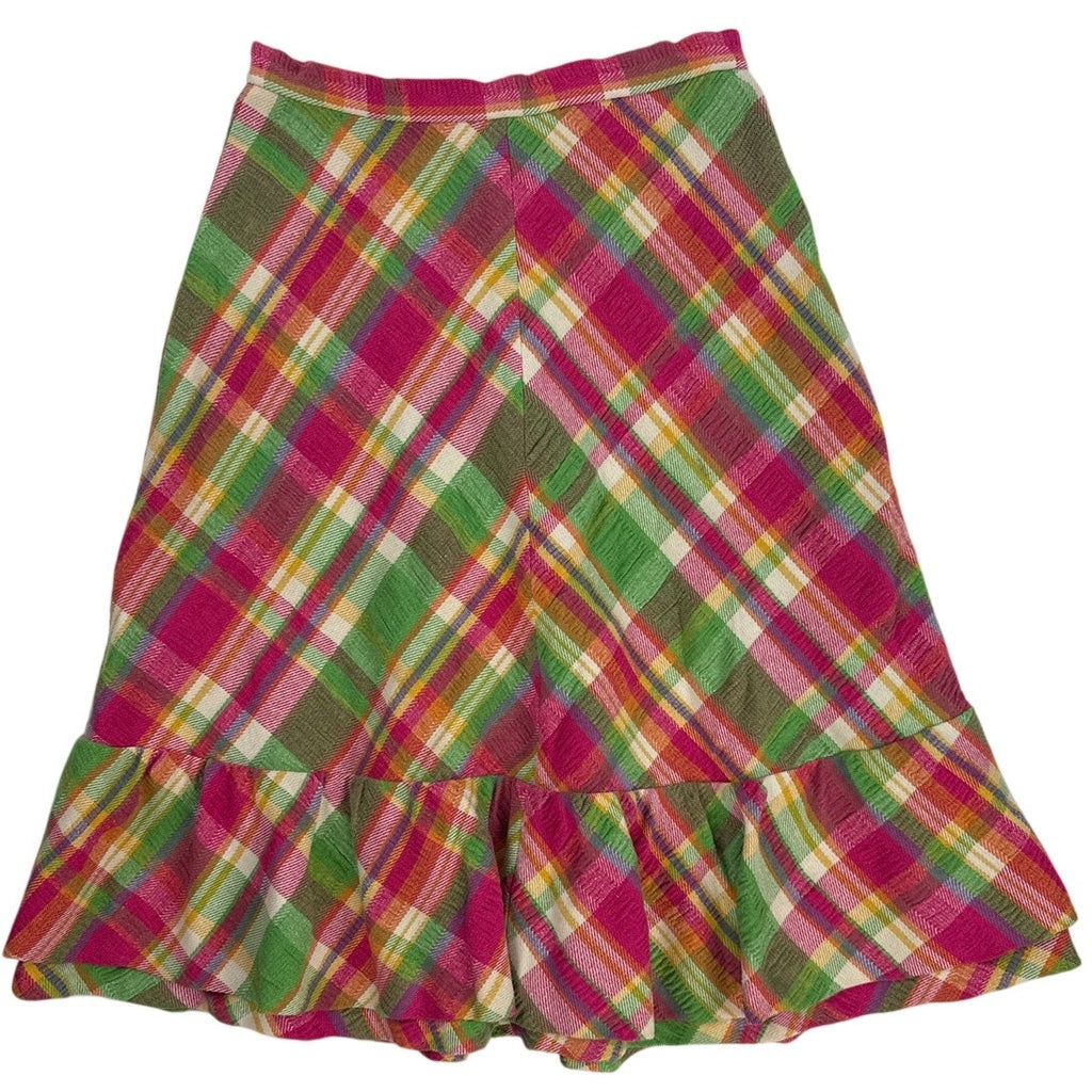 Vintage 1970s Handmade Pink Green Plaid Chevron Ruffle Midi Skirt 28"