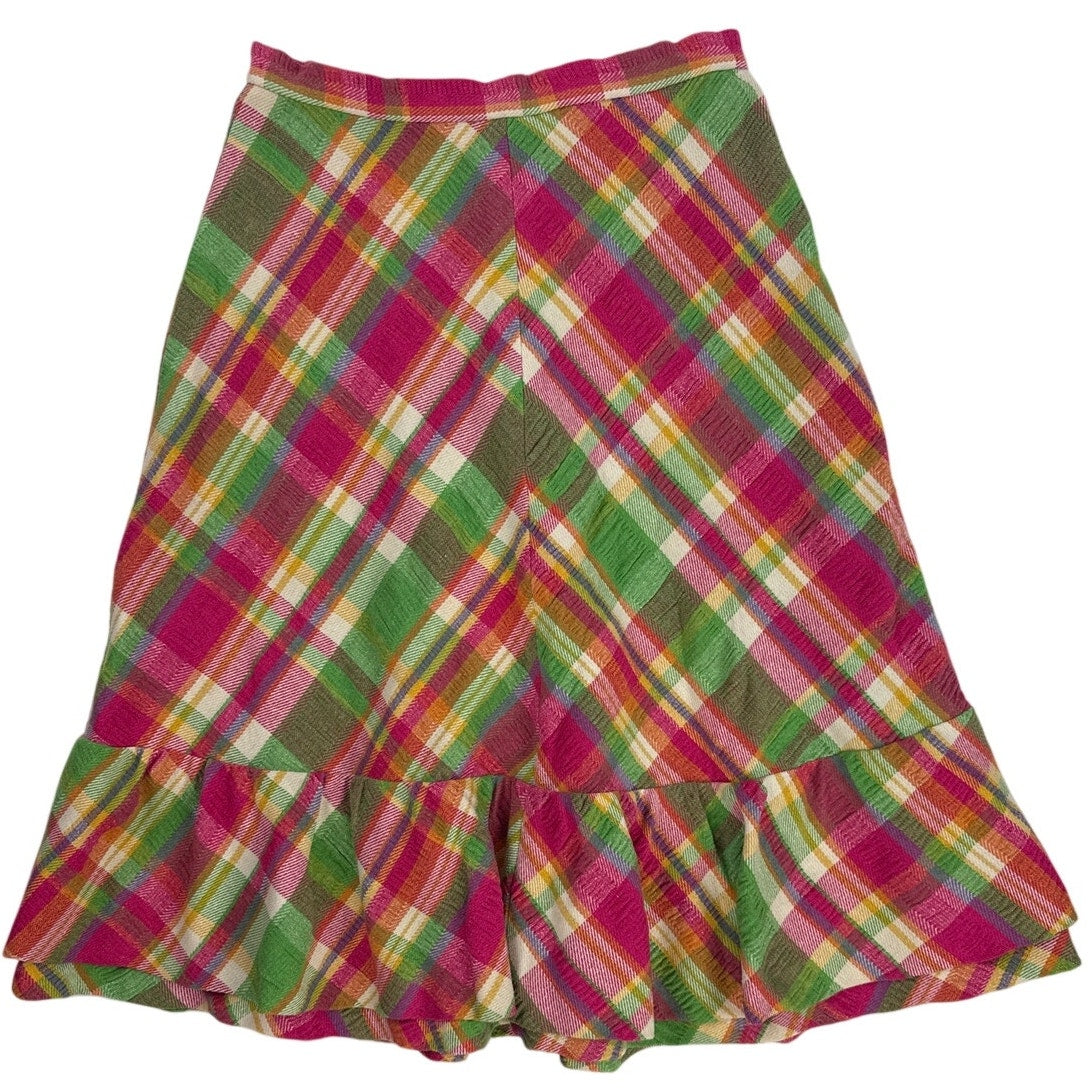 Vintage 1970s Handmade Pink Green Plaid Chevron Ruffle Midi Skirt 28"
