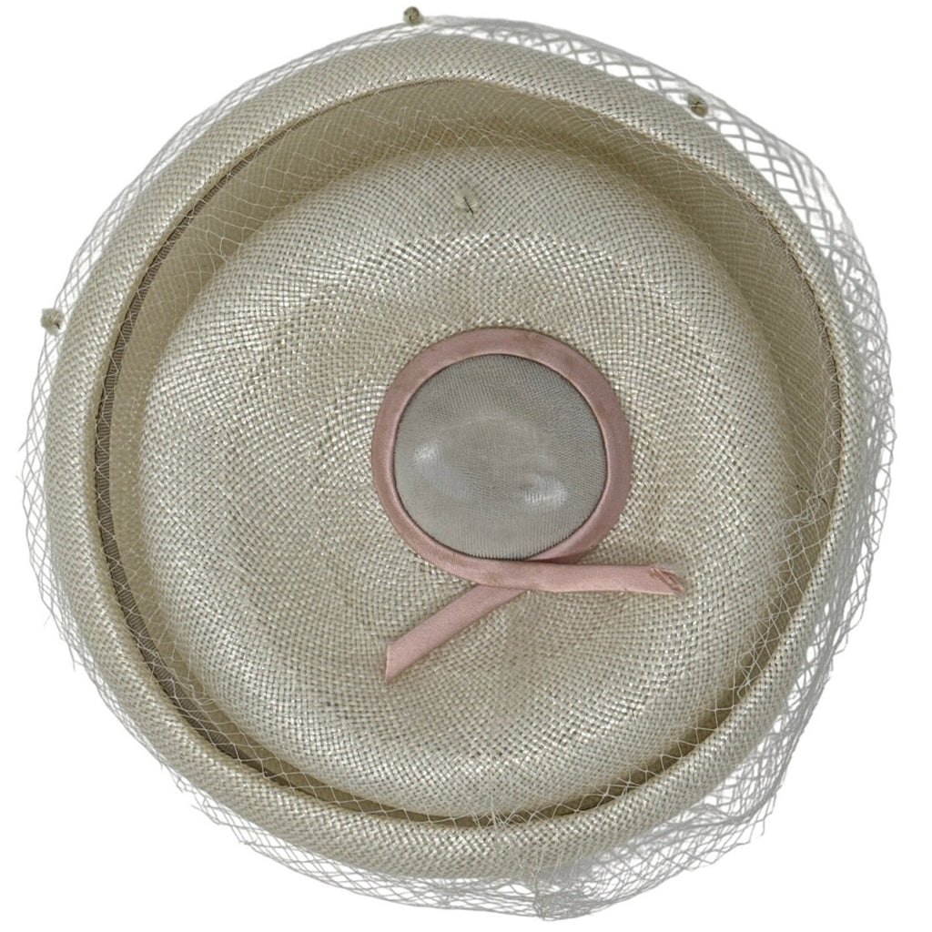 Vintage 1960s Clover Lane Ivory Pillbox Hat with Veil & Pink Bow