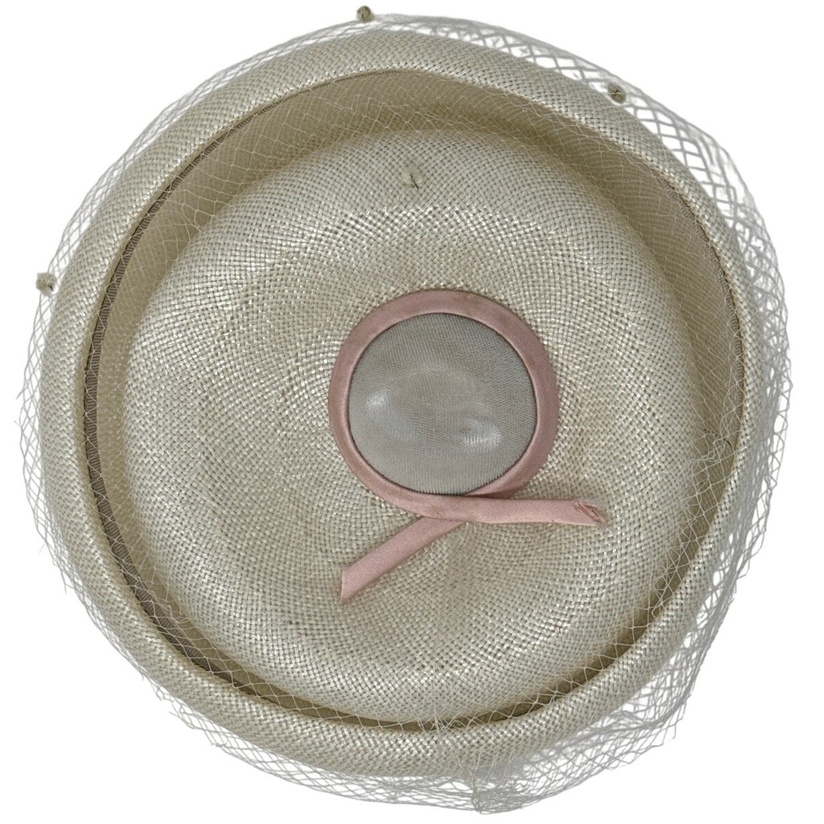 Vintage 1960s Clover Lane Ivory Pillbox Hat with Veil & Pink Bow