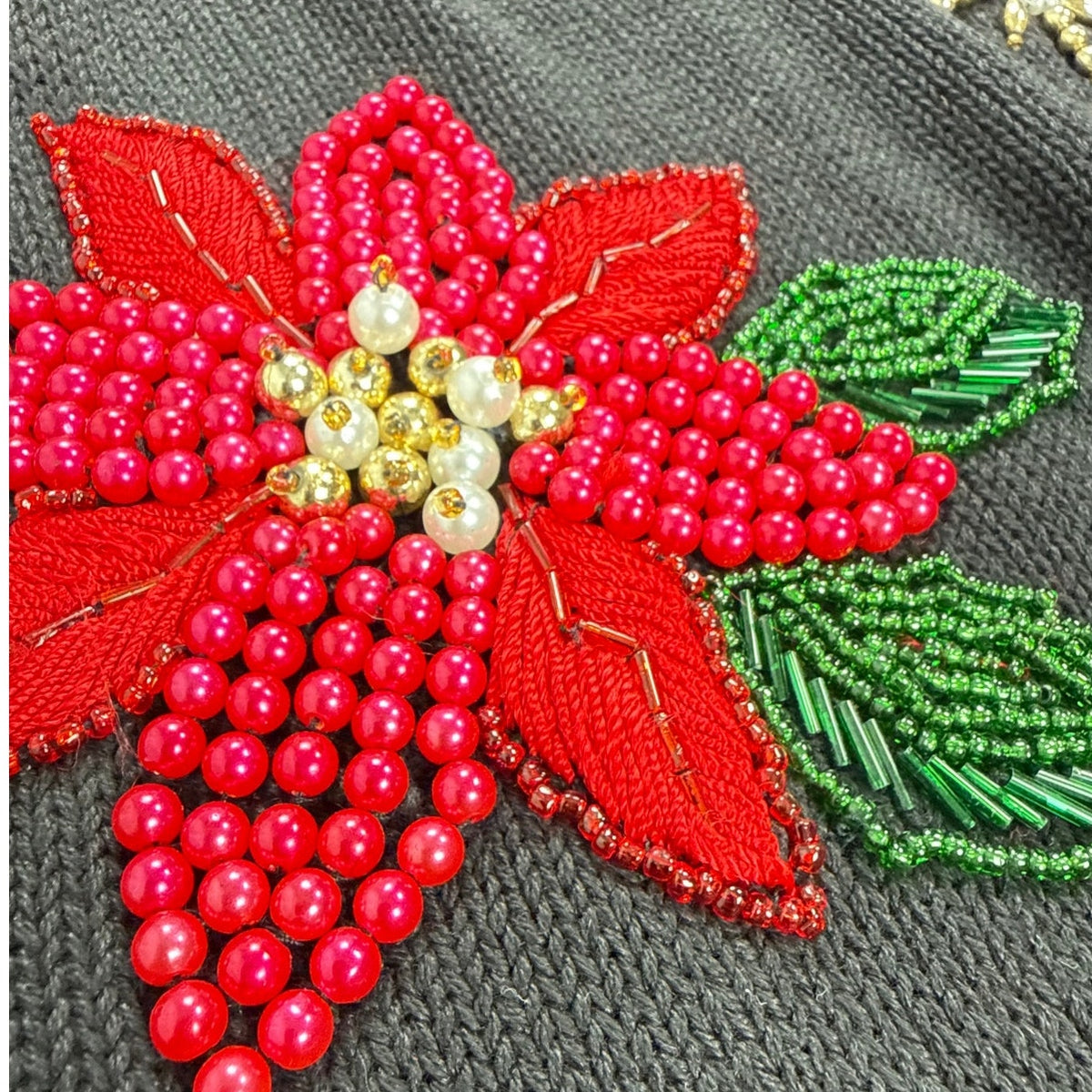 Vintage 80s Black Beaded Poinsettia Christmas Tunic Sweater Women's Large
