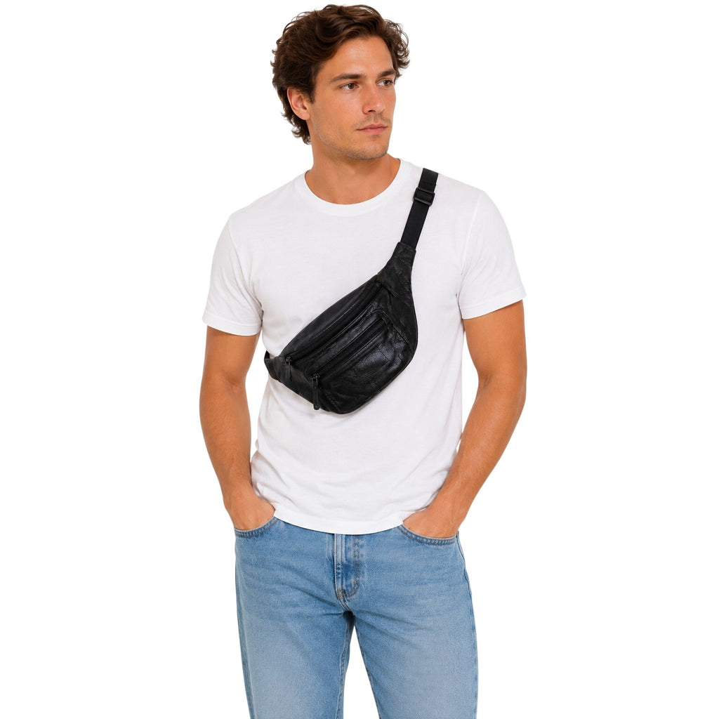 Vintage 90s Black Genuine Leather Fanny Pack Waist Belt Bag 2 Zip Pockets