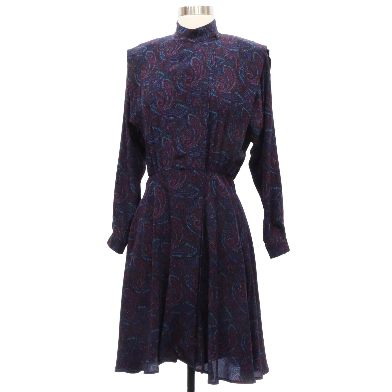 Vintage Liz Claiborne Silk Paisley Dress Purple Pleated A-Line 80s 90s