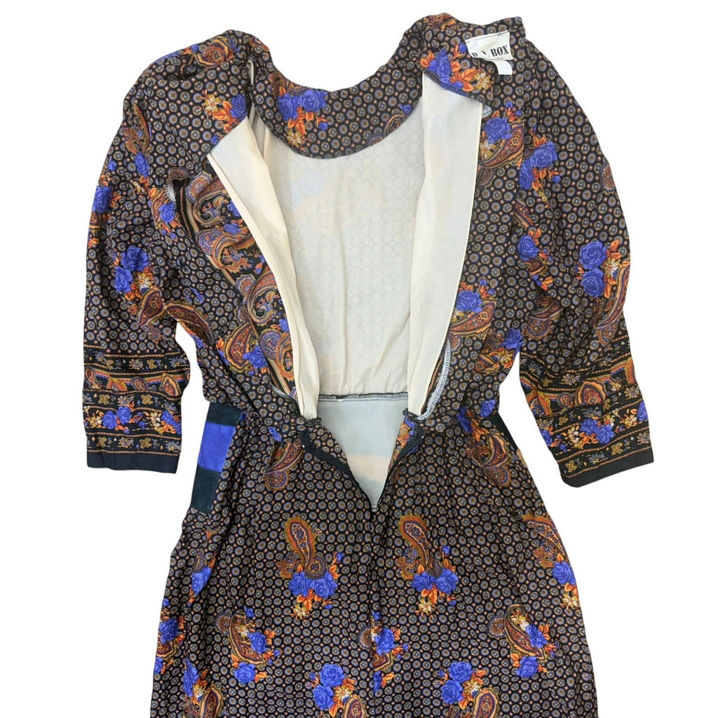 Vintage 80s Rayon Midi Dress Suede Trim Paisley Floral Boho Women's Small