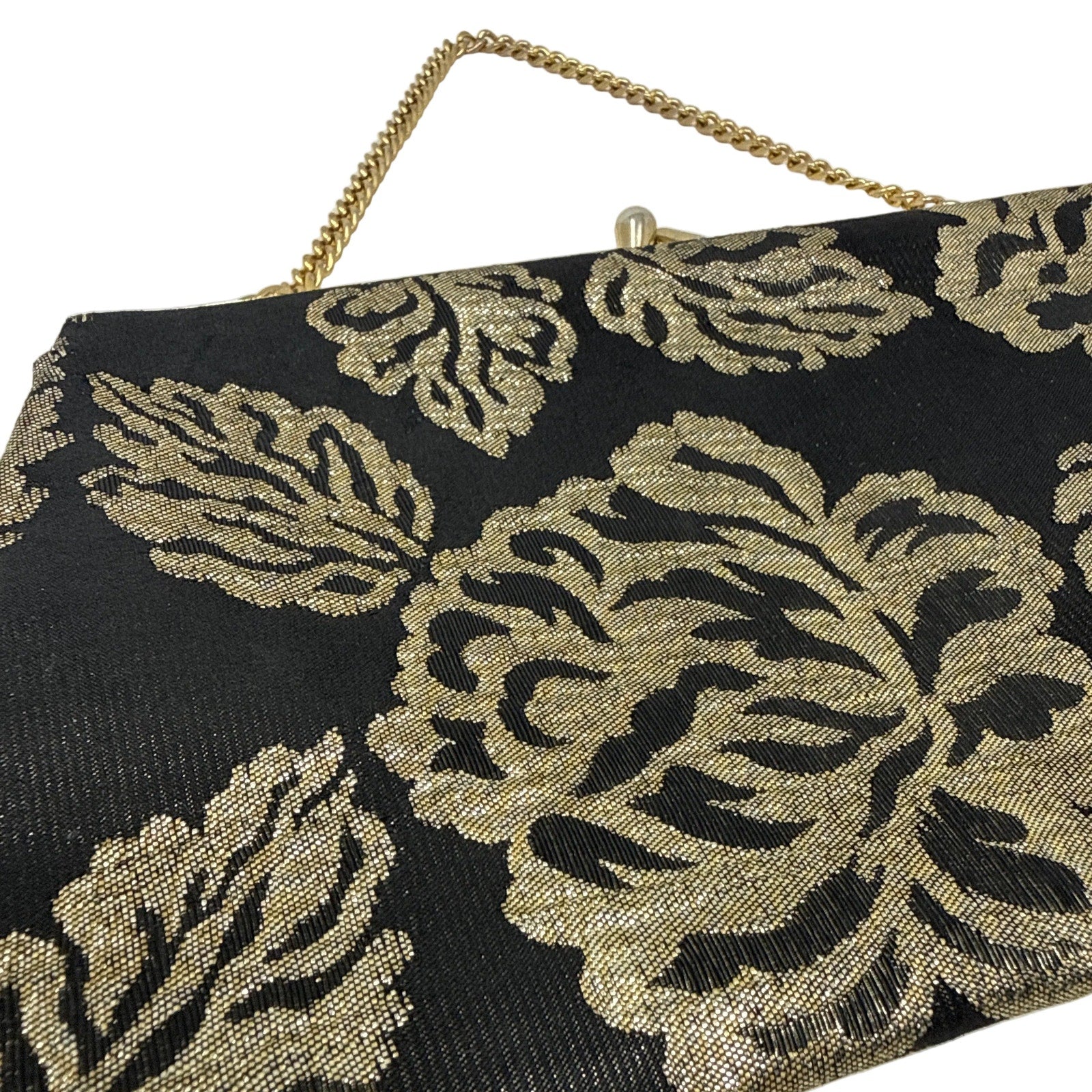 Vintage 60s Black Metallic Gold Brocade Clutch Chain Purse