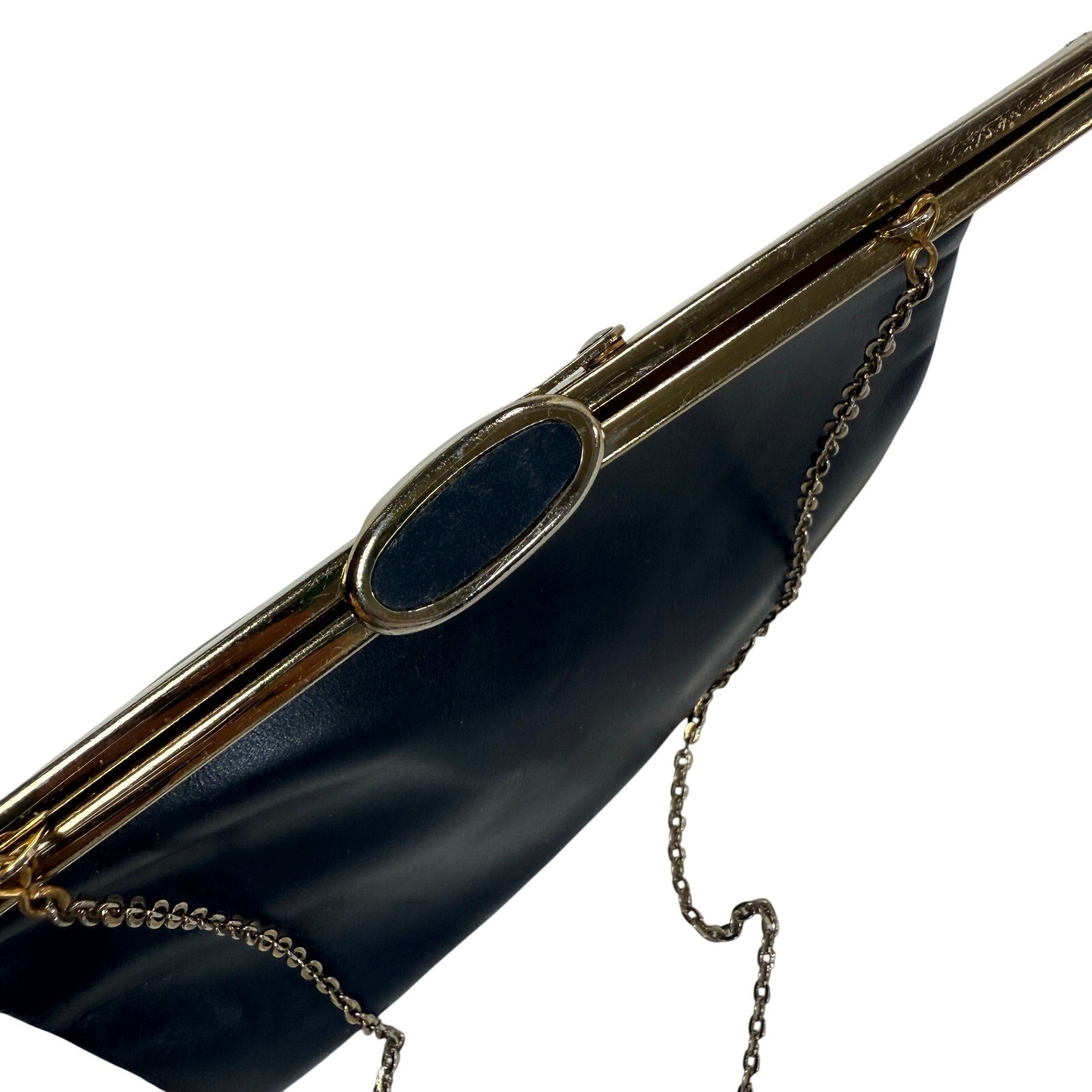 Vintage 60s Etra Navy Leather Clutch Purse w/ Gold Chain Strap