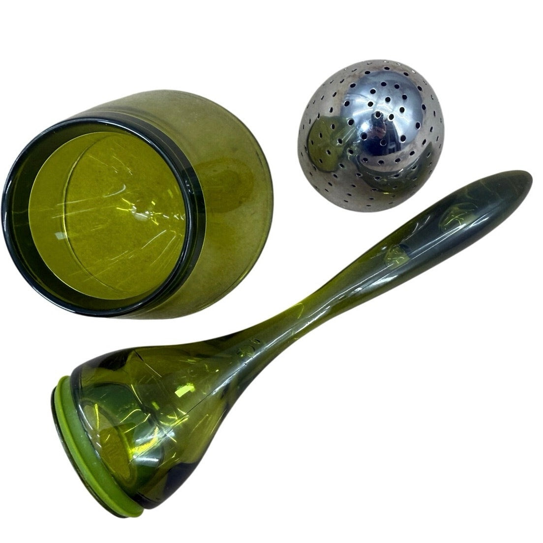 Vintage 70s Avocado Green Tea Infuser Wand Lucite Stainless w Stand