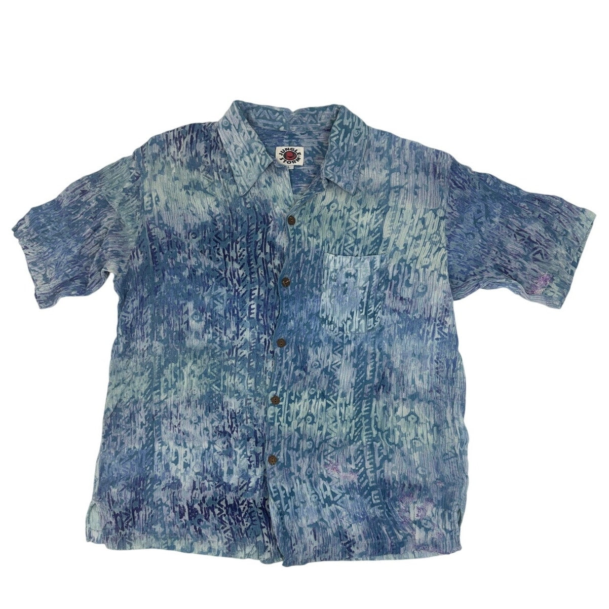 Vintage 90s Jungle Storm Crinkle Cotton Abstract Camp Shirt Men's Large Blue