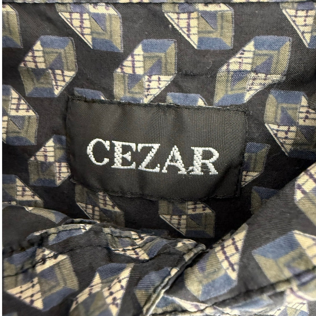 Vintage 90s Cezar Silk Shirt Men's Large Black Geometric Short Sleeve Button Up