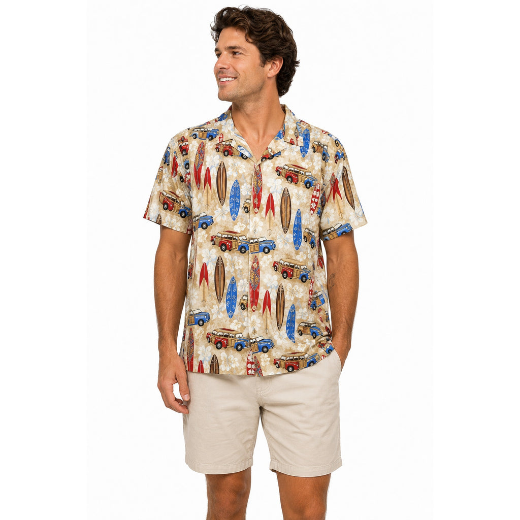 Vintage 90s Hawaii Surfboard Woodie Wagon Hawaiian Cotton Camp Shirt Large