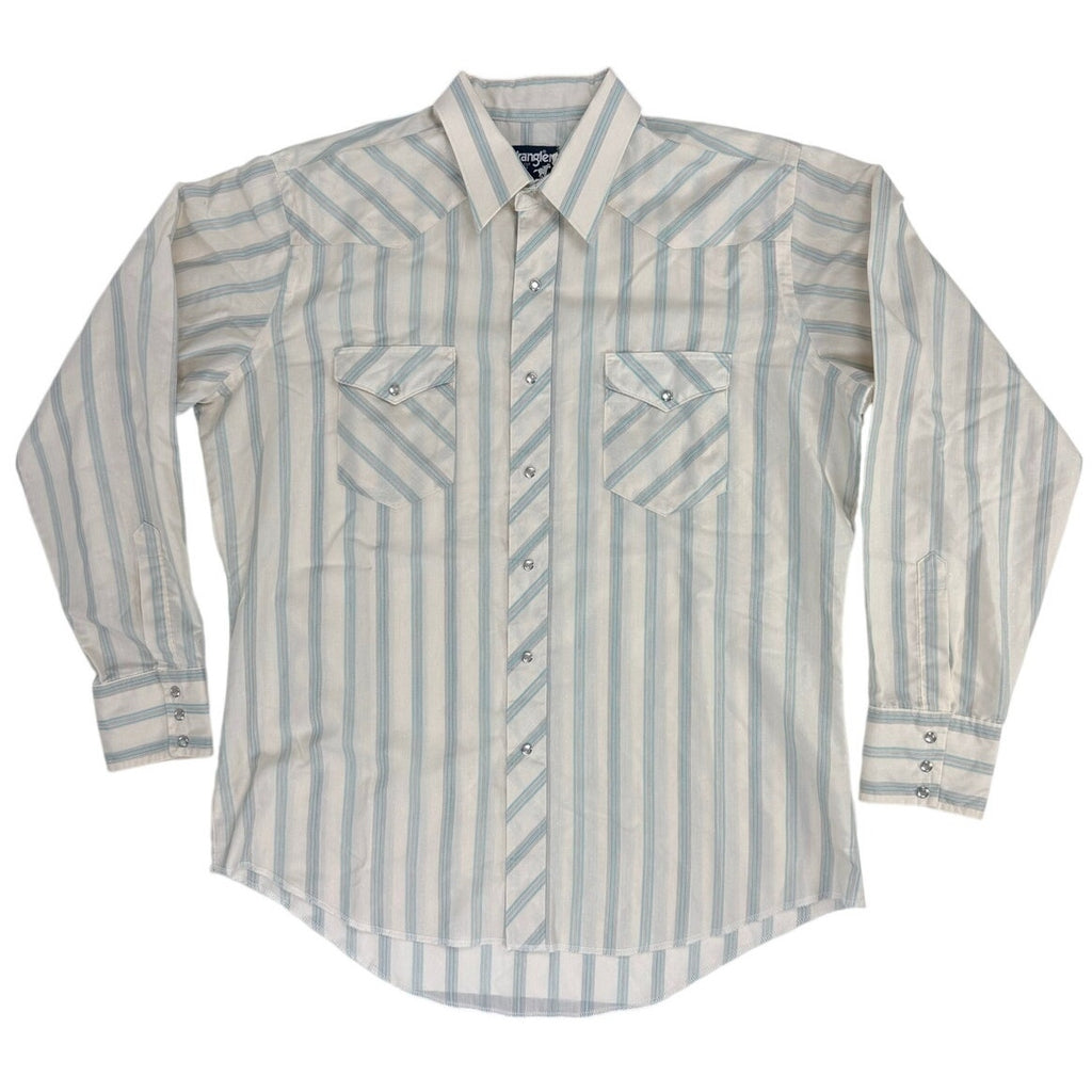 Vintage 80s Wrangler Striped Pearl Snap Western Shirt Men 17x35 USA