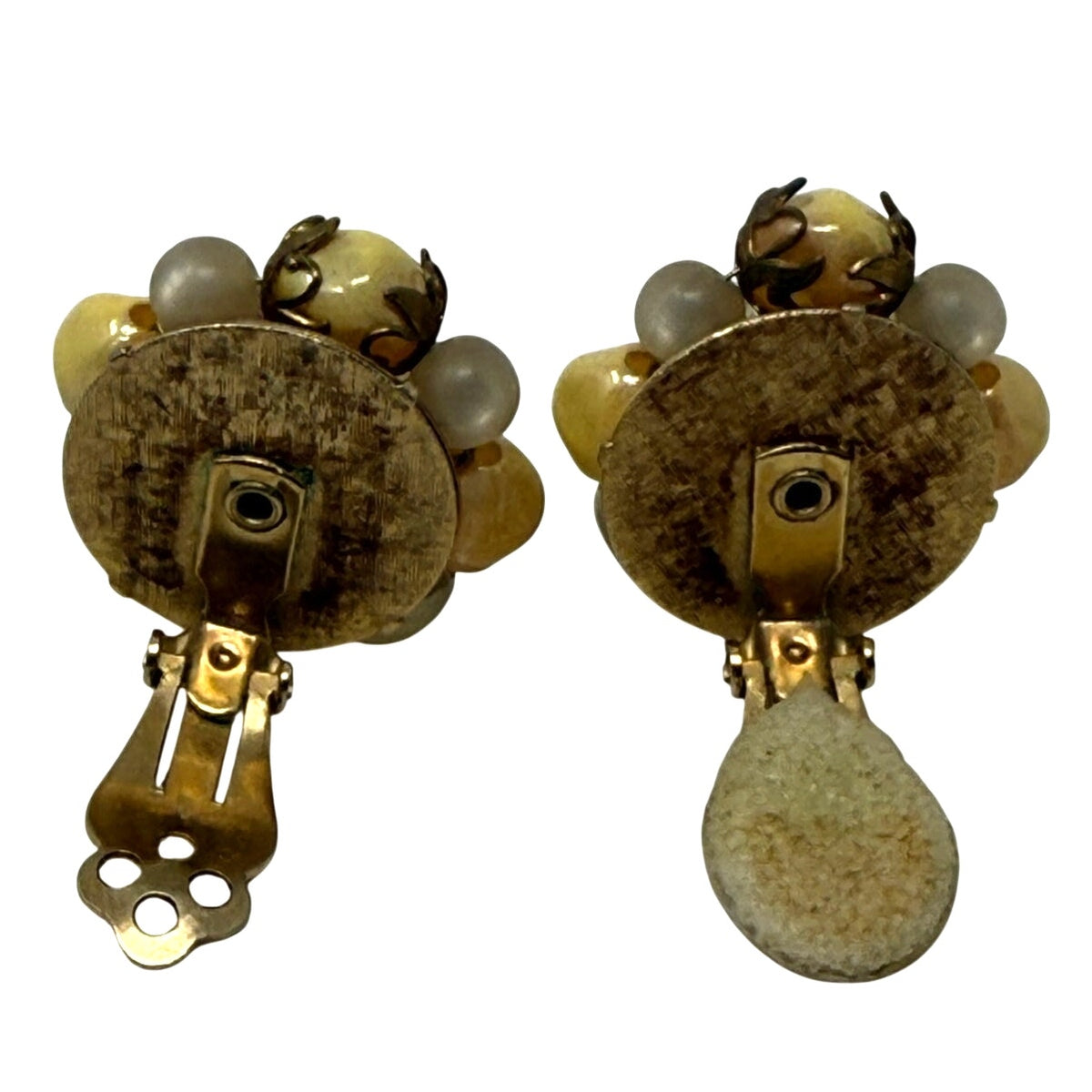 Vintage 60s Gold Tone Beaded Clip On Earrings Iridescent Retro