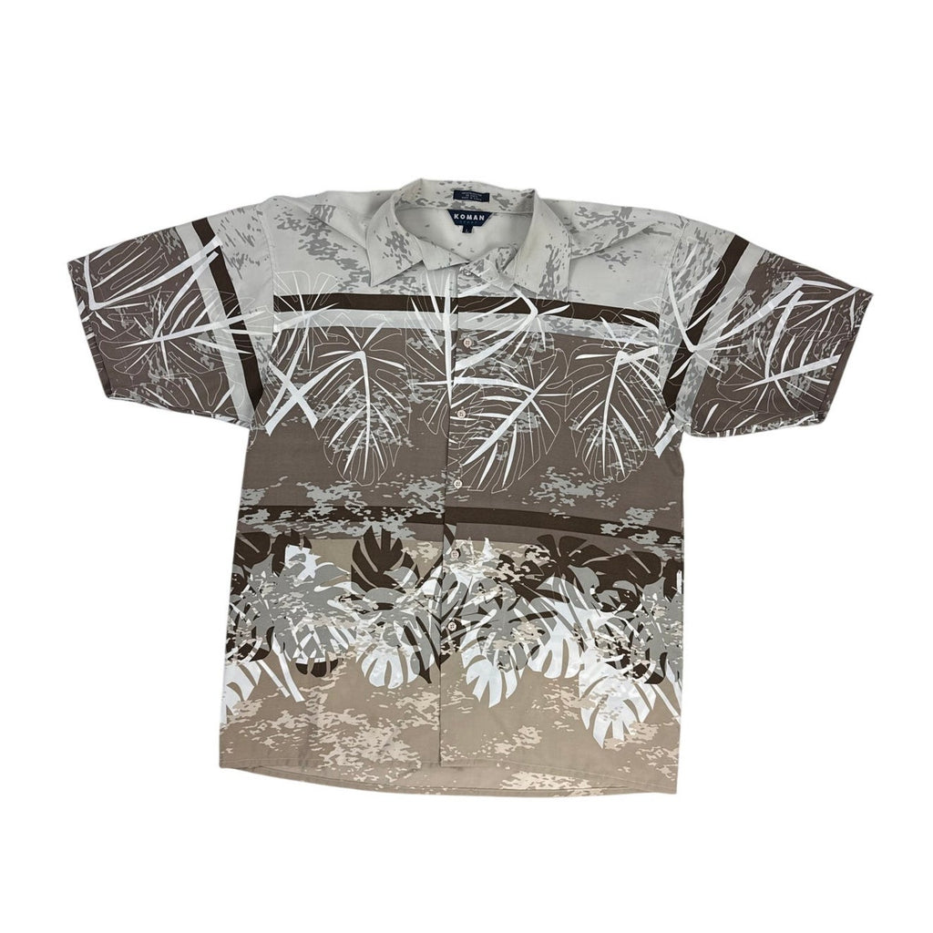 Vintage 90s Koman Sport Taupe Foliage Hawaiian Shirt Men’s Large