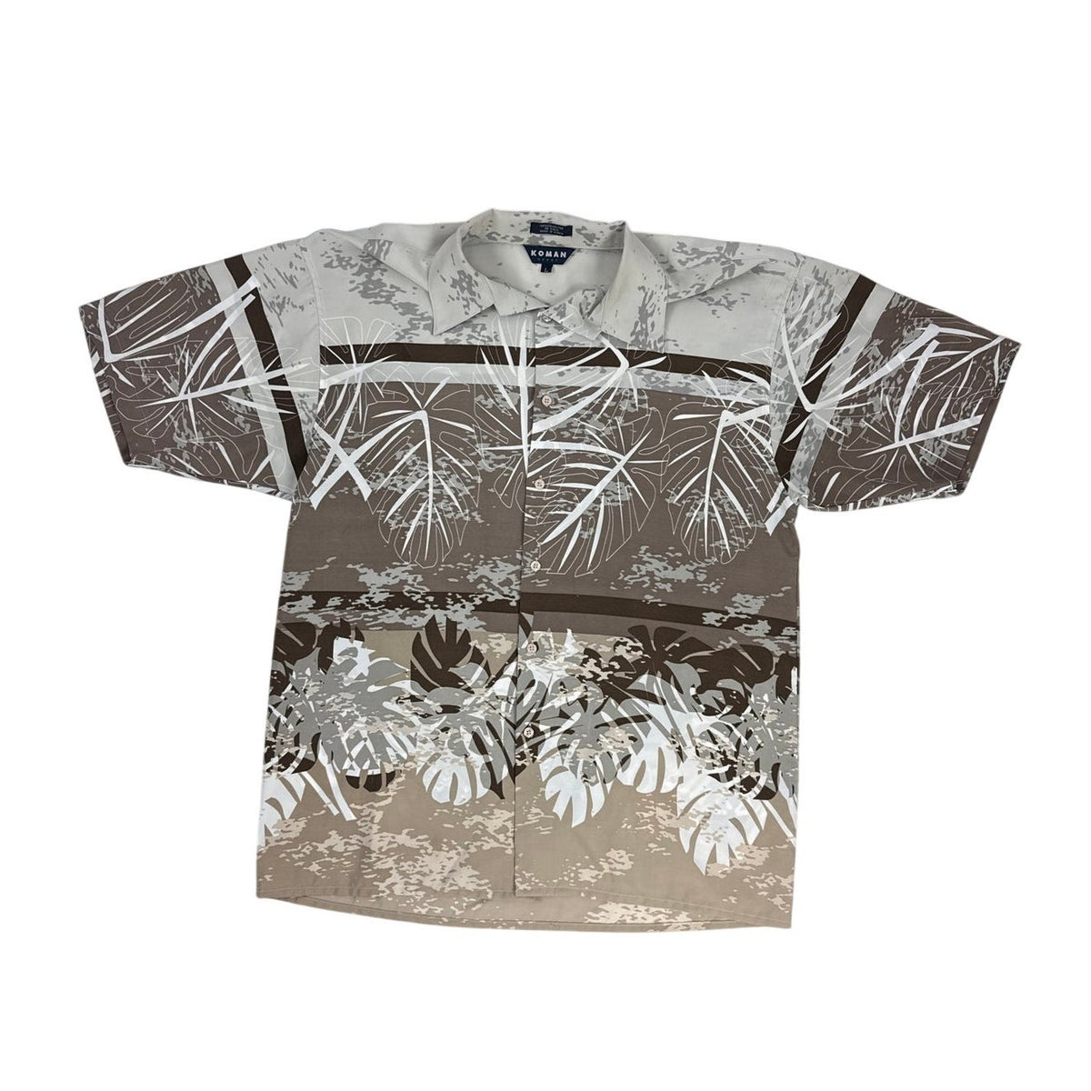 Vintage 90s Koman Sport Taupe Foliage Hawaiian Shirt Men’s Large