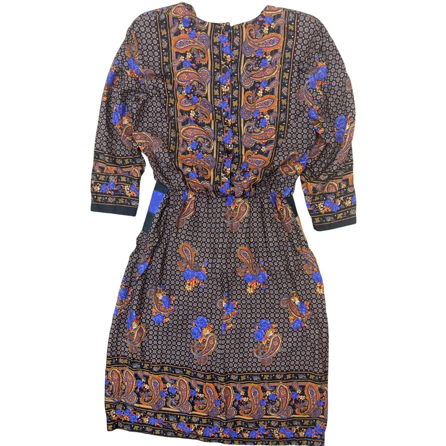 Vintage 80s Rayon Midi Dress Suede Trim Paisley Floral Boho Women's Small