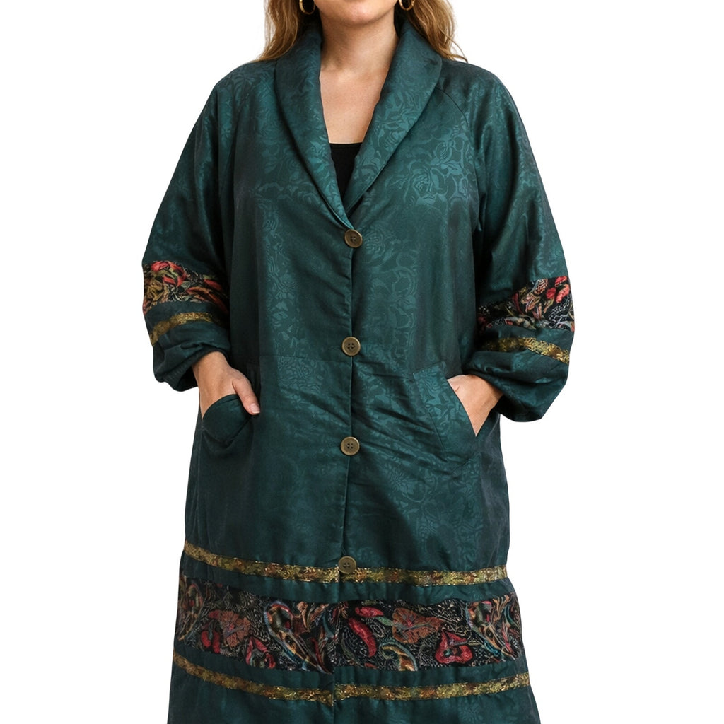Vintage 80s Long Green Raincoat Jacket Floral Trim Midi Embroidered Women’s XL