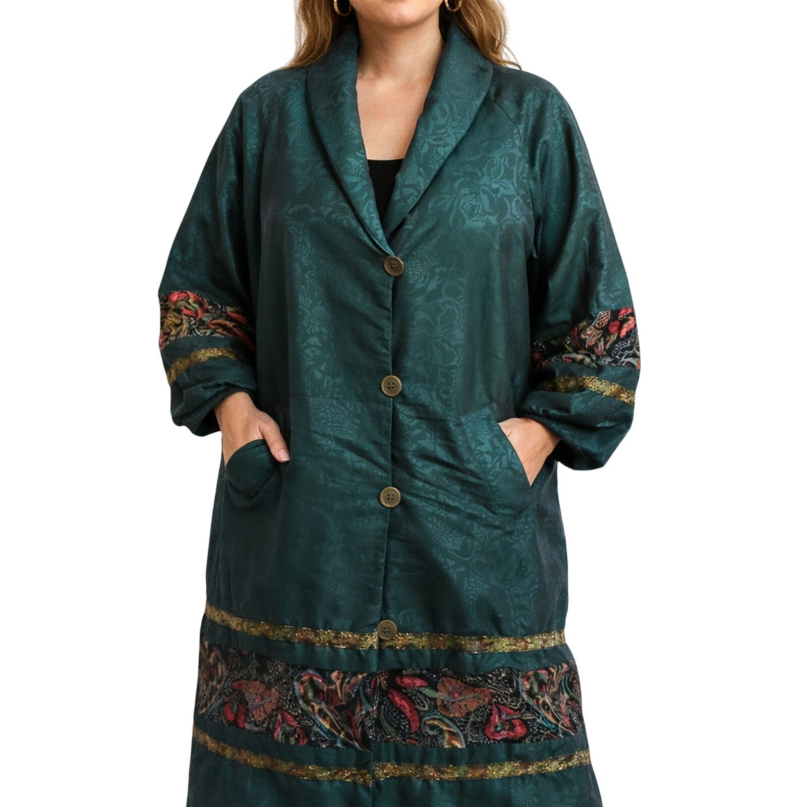 Vintage 80s Long Green Raincoat Jacket Floral Trim Midi Embroidered Women’s XL