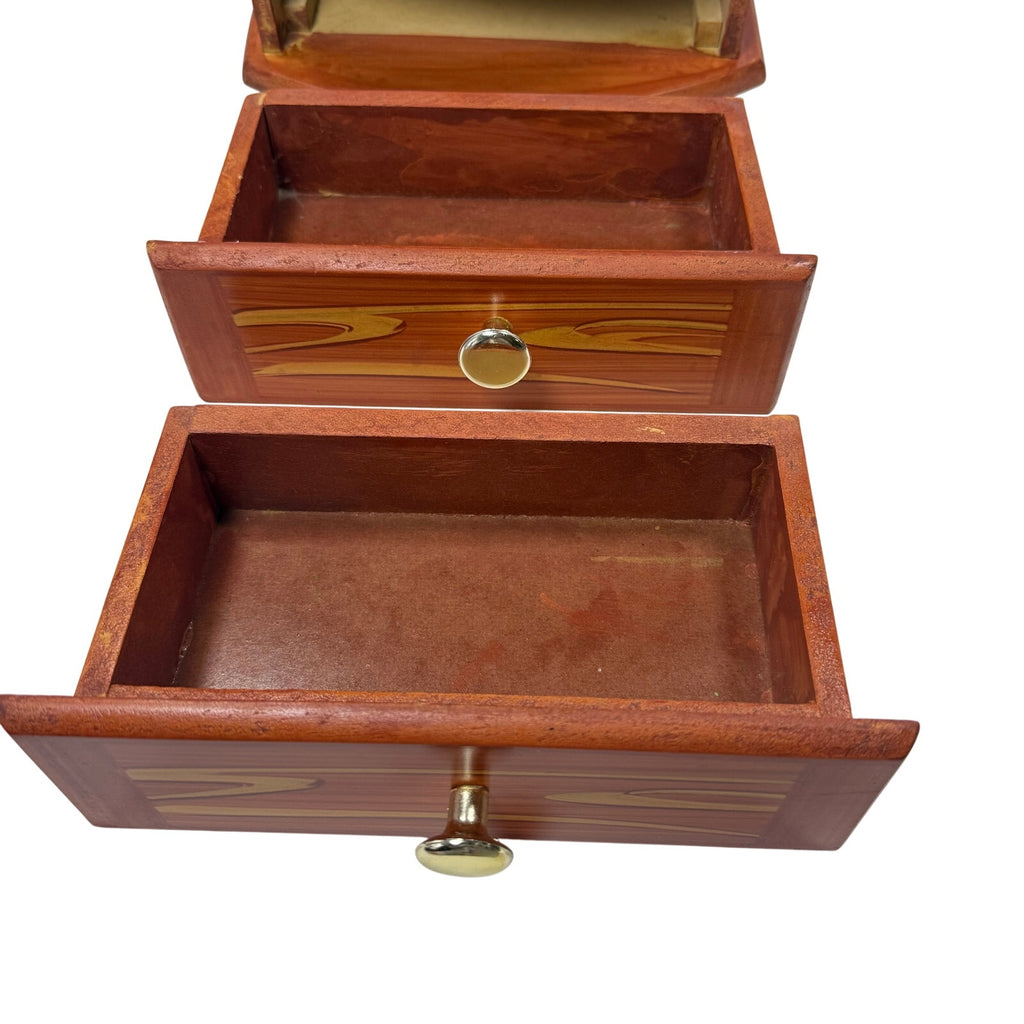 Vintage 70s Jewelry Box with Vanity Mirror Wood Stenciled Storage Drawers