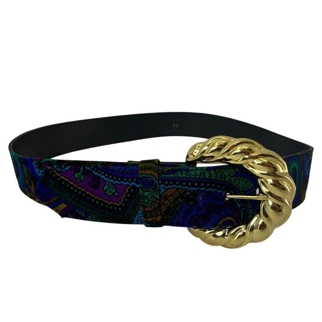 Vintage 90s Paisley Leather Belt Gold Buckle Adjustable Waist 31-35 Boho