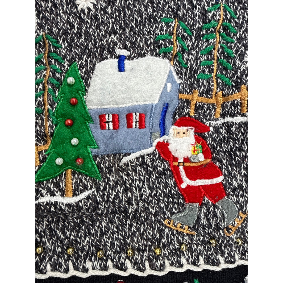 80s Style Erika Black White Beaded Christmas Patchwork Sweater Women's Large