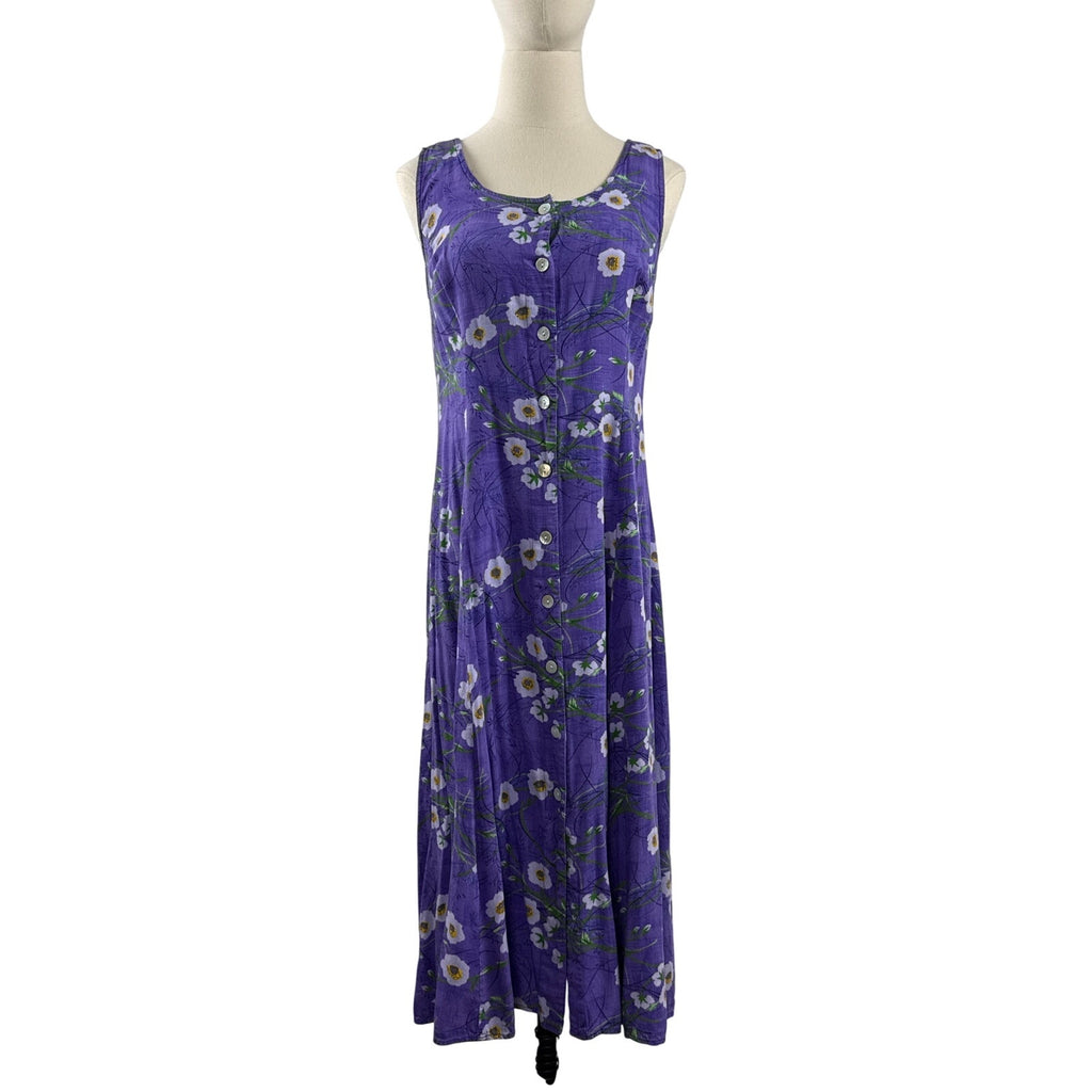 Vintage 90s BFA Classics Purple Rayon Button Front Midi Dress Womens Small