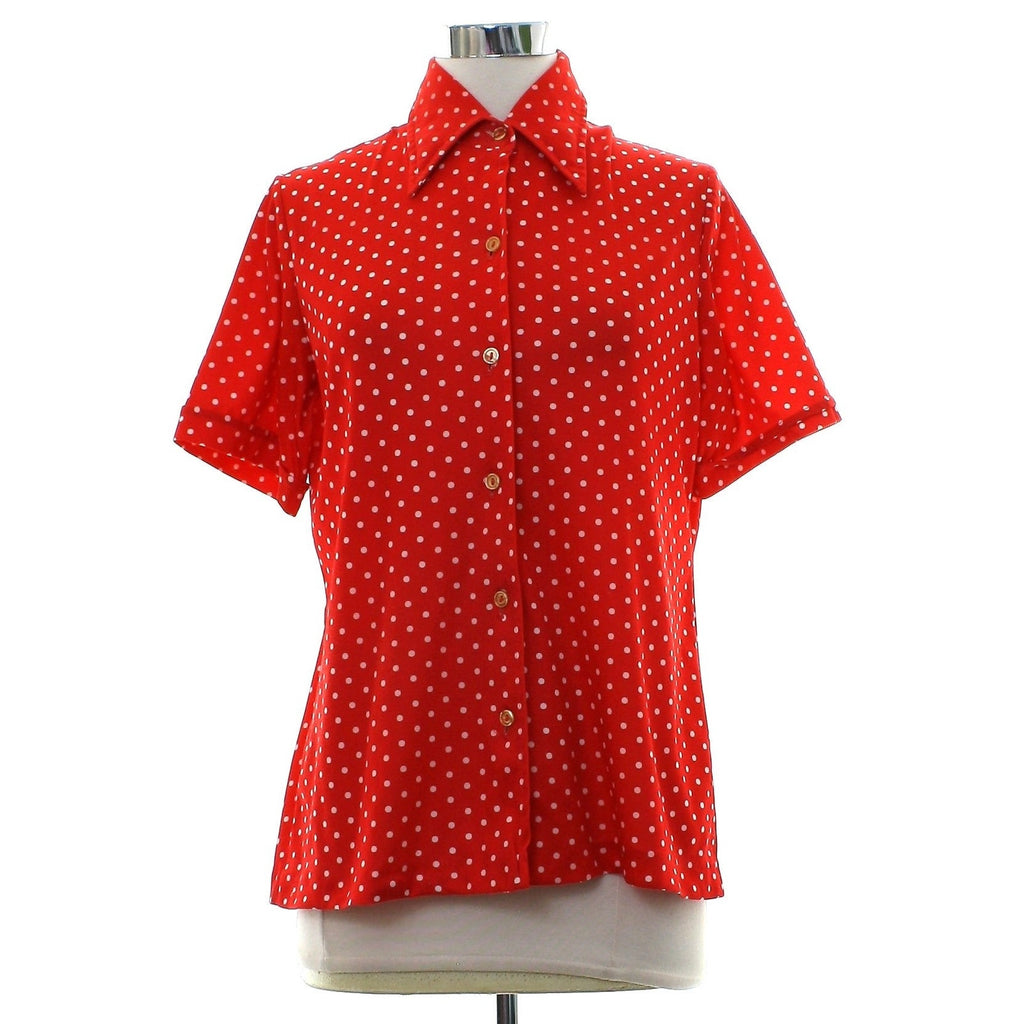 Vintage 70s Red White Polka Dot Knit Blouse Short Sleeve Button Front