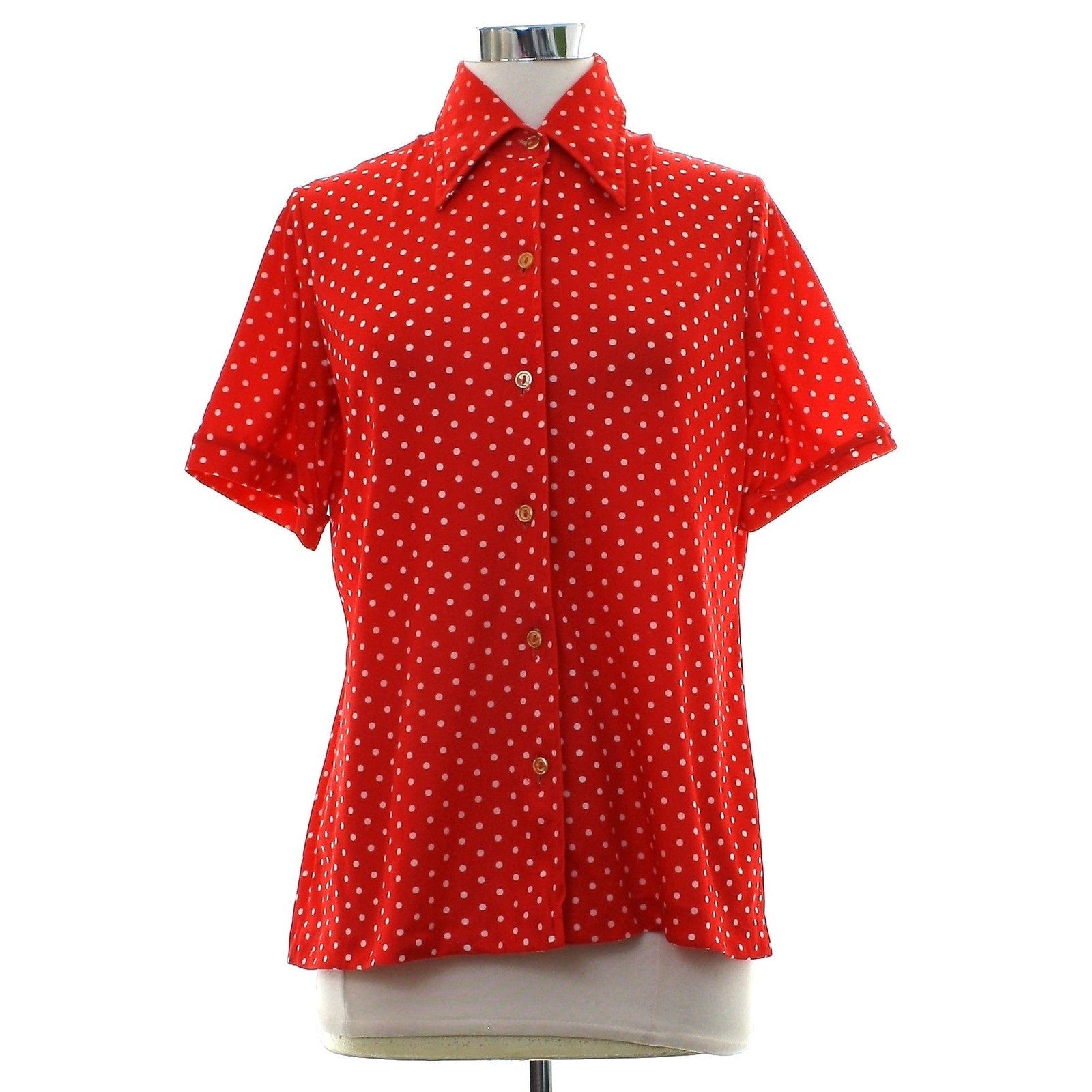 Vintage 70s Red White Polka Dot Knit Blouse Short Sleeve Button Front