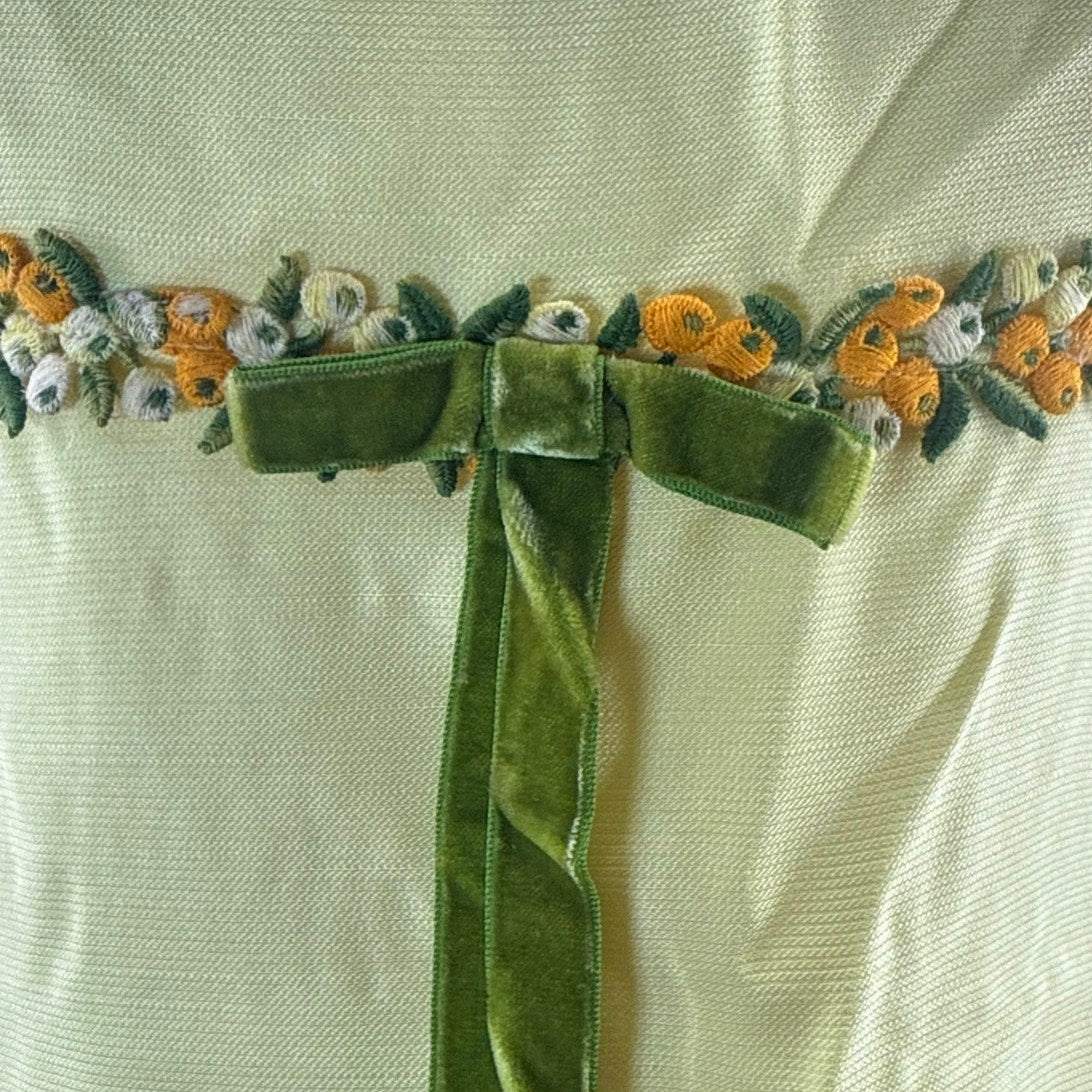 Vintage 60s Women's XS Yellow Empire Waist Maxi Dress Floral Velvet Ribbon