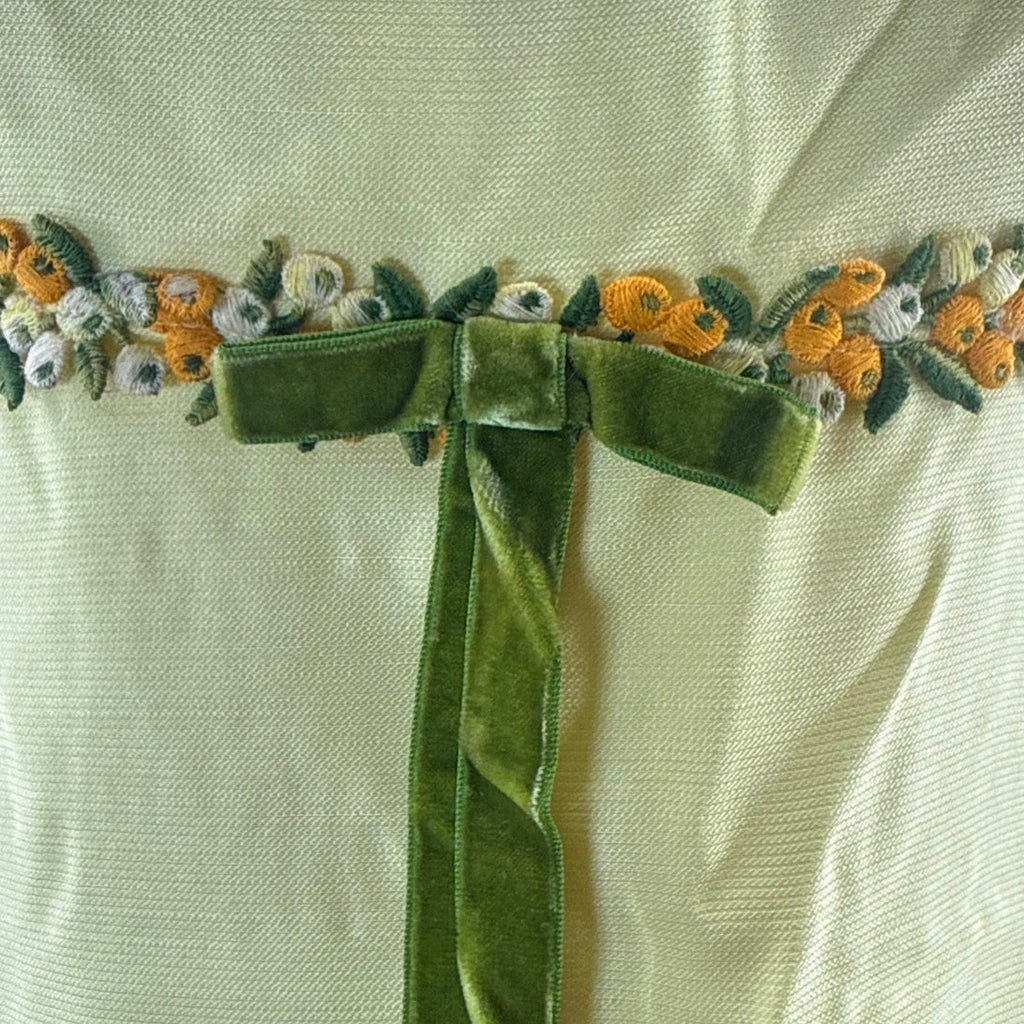 Vintage 60s Yellow Empire Waist Maxi Dress Floral Velvet Ribbon Women's XS