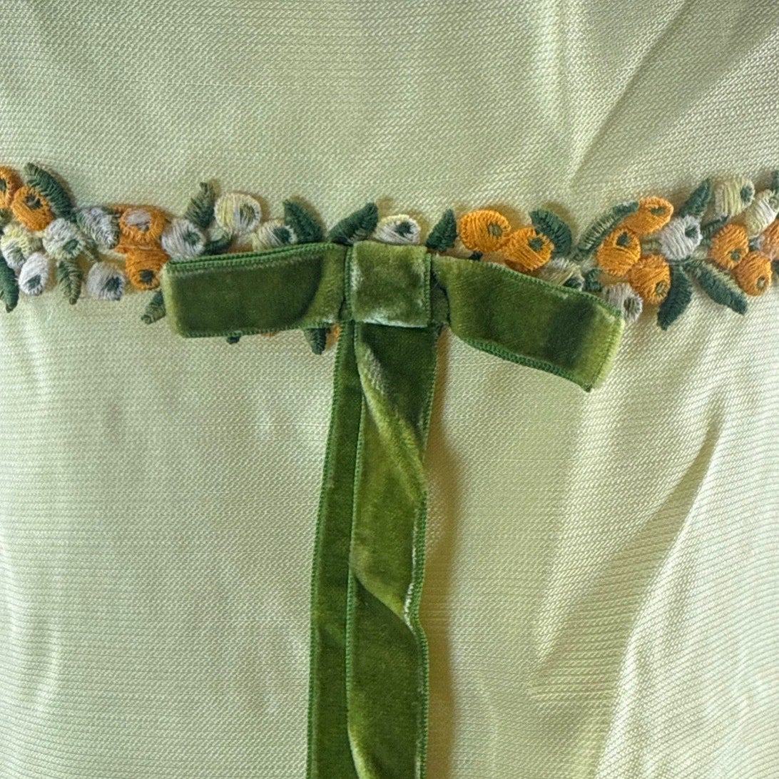 Vintage 60s Yellow Empire Waist Maxi Dress Floral Velvet Ribbon Women's XS