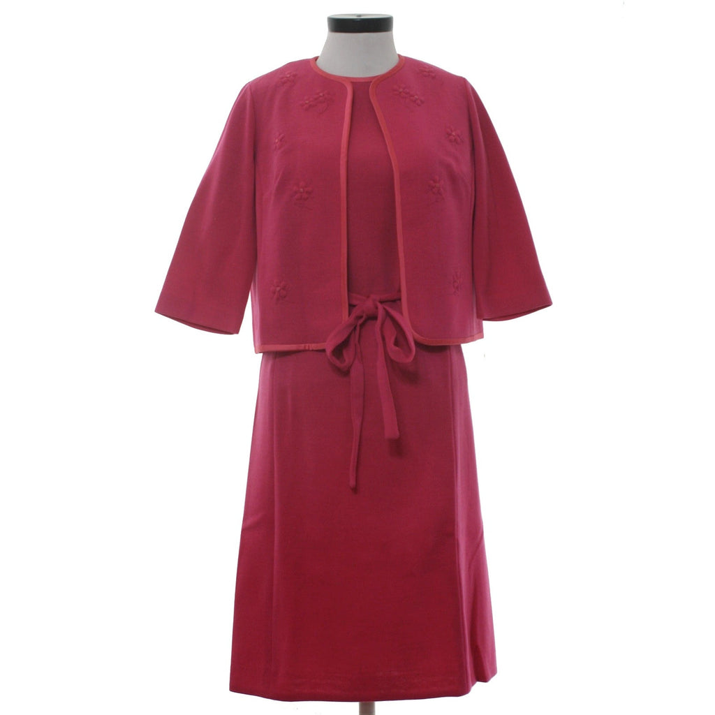 Vintage 70s Women's Small Pink Knit Dress & Jacket Set Belted Floral Embroidered