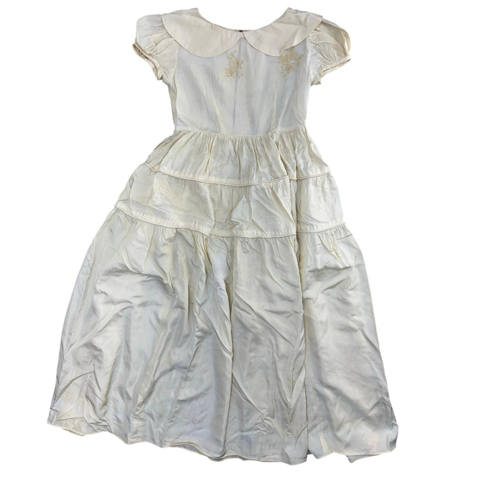 Vintage 60s Ivory Satin Wedding Flower Girl Dress & Slip Home Sewn Girls 12-14