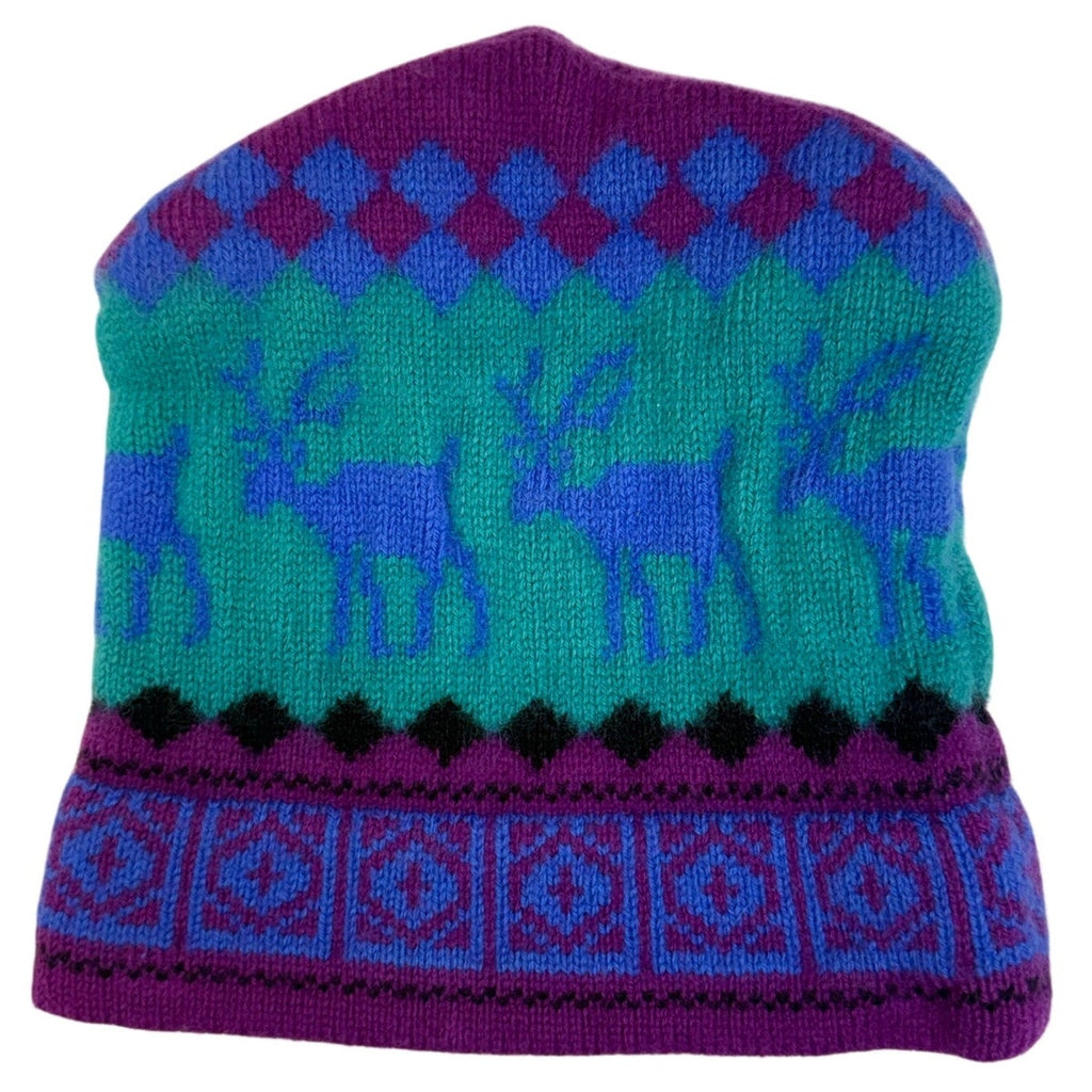 Vintage 90s Columbia Sportswear Wool Fair Isle Beanie Hat Purple Reindeer