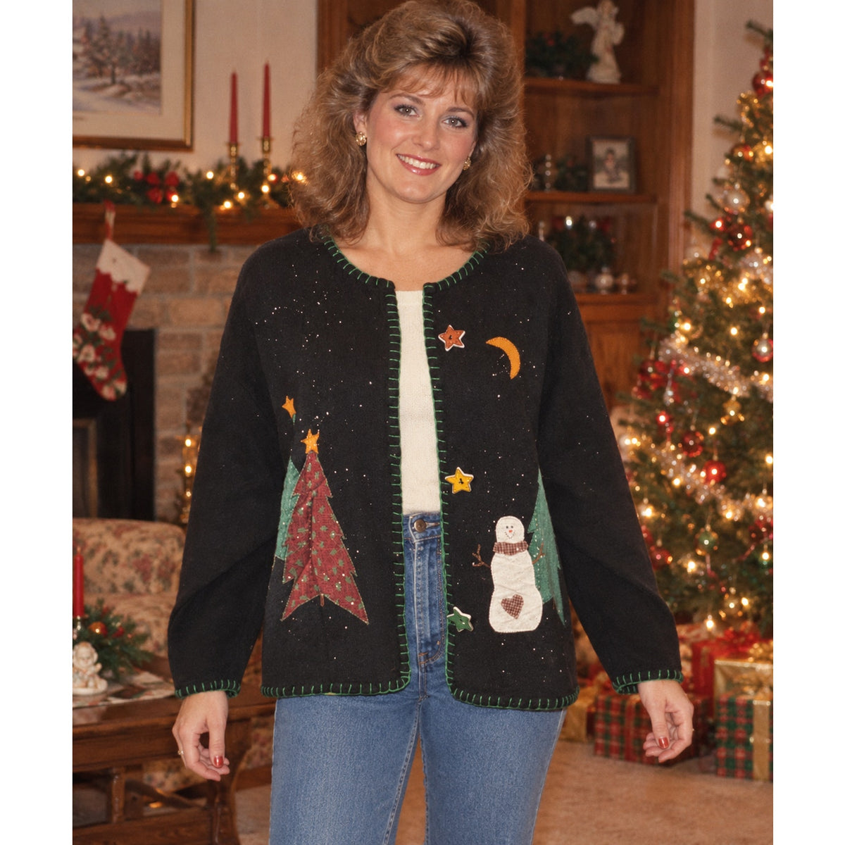 Vintage 80s Black Christmas Snowman Applique Sweatshirt Cardigan Women's Medium