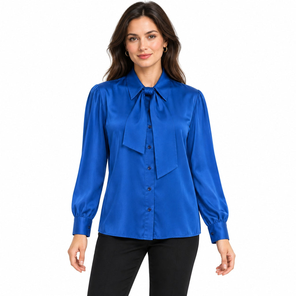 Vintage 70s Koret Career Cobalt Blue Tie Neck Blouse Womens Medium