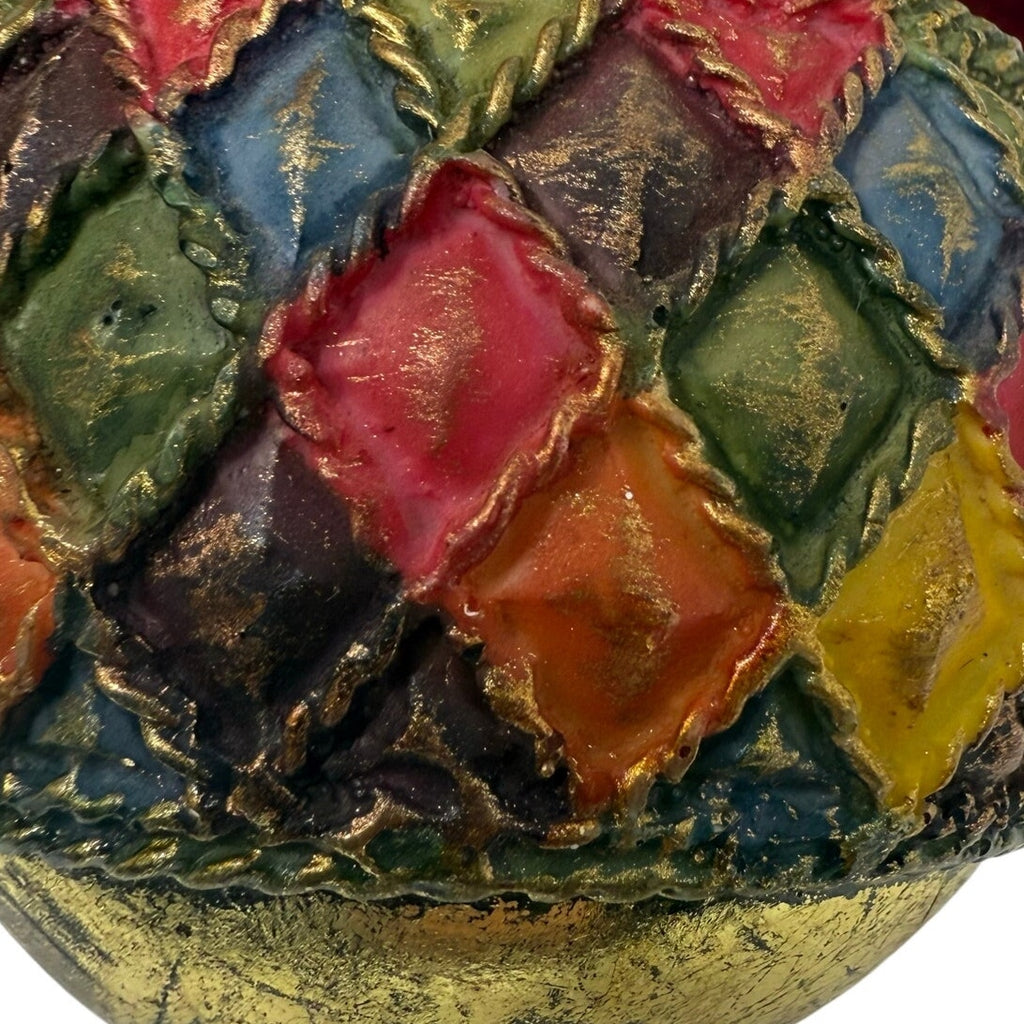 Vintage 90s Harlequin Paper Mache Christmas Ornament Ball with Red Bow